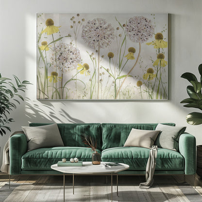 A framed botanical artwork featuring a delicate arrangement of pressed and dried flowers. Large, spherical white allium seed heads stand tall among numerous yellow coneflowers with prominent centers. Slender green stems and leaves fill the composition against a soft, light-textured background, creating a serene, natural scene. Decor