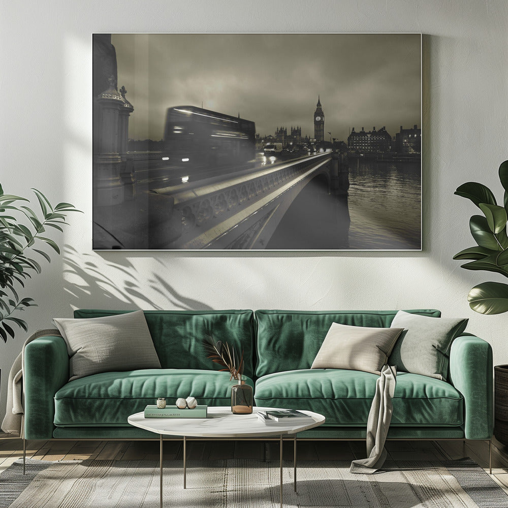 A framed, sepia-toned long-exposure photograph of London. A double-decker bus is shown in motion blur as it crosses Westminster Bridge. In the background, the Big Ben clock tower and the Houses of Parliament are visible against a cloudy sky, with lights reflecting on the wet road and the River Thames. Wall Art