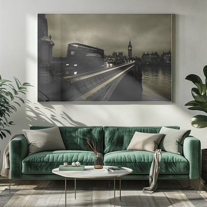A framed, sepia-toned long-exposure photograph of London. A double-decker bus is shown in motion blur as it crosses Westminster Bridge. In the background, the Big Ben clock tower and the Houses of Parliament are visible against a cloudy sky, with lights reflecting on the wet road and the River Thames. Wall Art