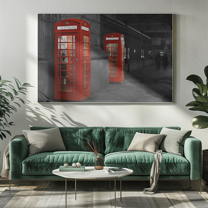 A selective color photograph of a city street at night, framed in silver. Two iconic red telephone booths are the only objects in color, standing out against the black and white background of the cobblestone sidewalk and iron fence. Artwork