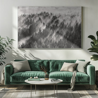 A dramatic black and white photograph of a dense hillside forest shrouded in thick fog. Beams of sunlight pierce through the mist, creating strong light rays across the landscape, all enclosed within a silver frame. Artwork