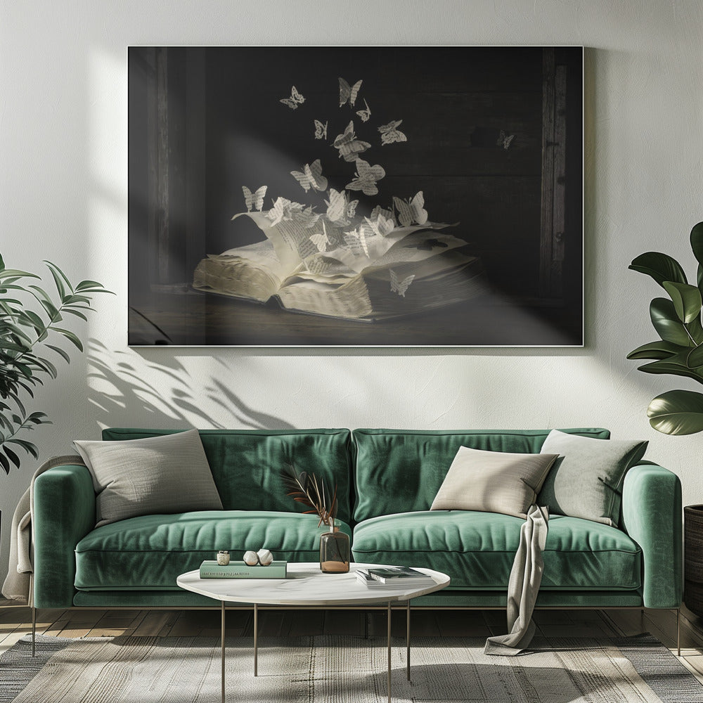 A conceptual artwork depicting an open vintage book on a dark wooden table. Dozens of butterflies, crafted from the book's own printed pages, are emerging and flying upwards as if the story is coming to life against a dark, rustic background. Artwork