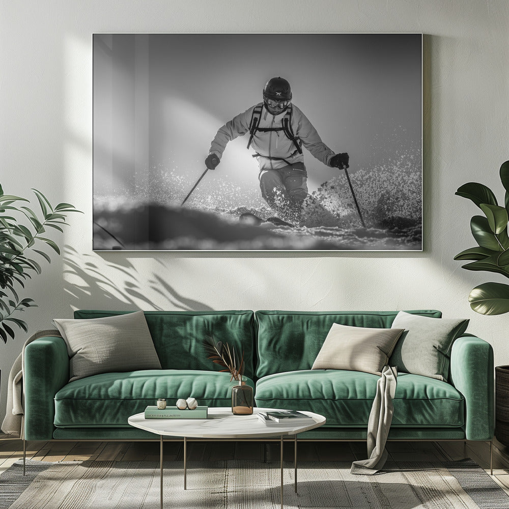 A black and white action photograph of a skier in full gear, leaning into a turn and spraying powder snow. The skier is backlit by the sun, creating a high-contrast, dramatic effect. Print