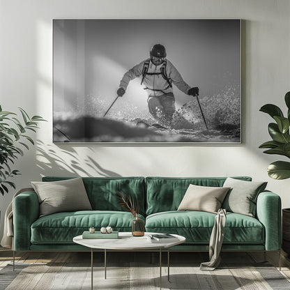 A black and white action photograph of a skier in full gear, leaning into a turn and spraying powder snow. The skier is backlit by the sun, creating a high-contrast, dramatic effect. Print