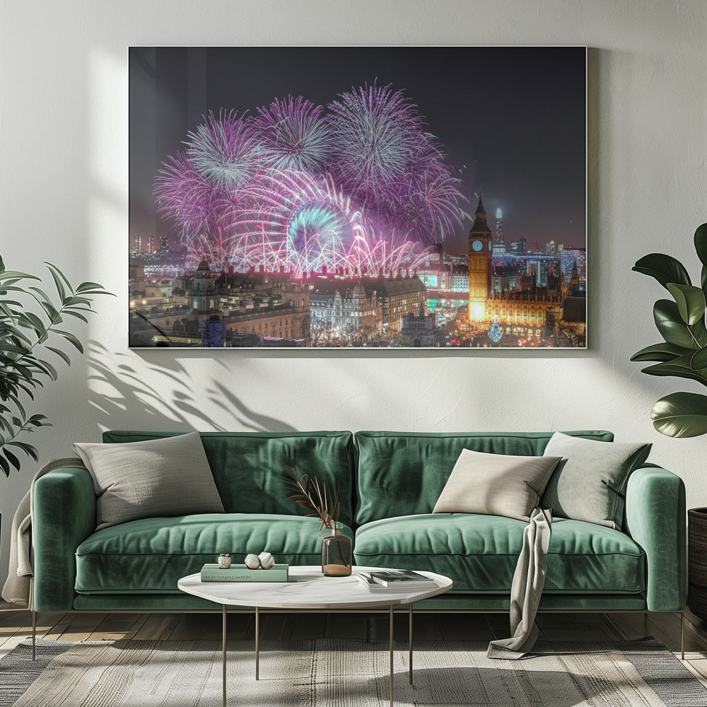 A vibrant night-time cityscape of London featuring a massive fireworks display in purple, pink, and white exploding over landmarks like the London Eye and the illuminated Big Ben clock tower, all within a silver frame. Decor