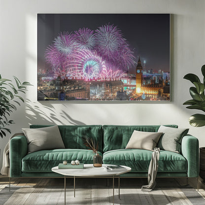 A vibrant night-time cityscape of London featuring a massive fireworks display in purple, pink, and white exploding over landmarks like the London Eye and the illuminated Big Ben clock tower, all within a silver frame. Decor