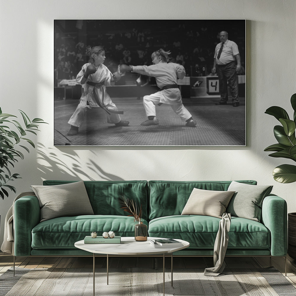 A black and white photograph of two young girls in a karate competition. They are wearing white gis, black belts, and boxing gloves. One girl is in the middle of throwing a punch at her opponent. In the background, a referee stands watching the match, and spectators are blurred in the stands. The image is presented within a silver-colored frame. Print