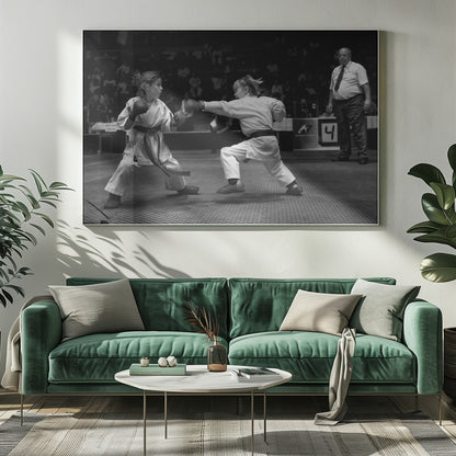 A black and white photograph of two young girls in a karate competition. They are wearing white gis, black belts, and boxing gloves. One girl is in the middle of throwing a punch at her opponent. In the background, a referee stands watching the match, and spectators are blurred in the stands. The image is presented within a silver-colored frame. Print