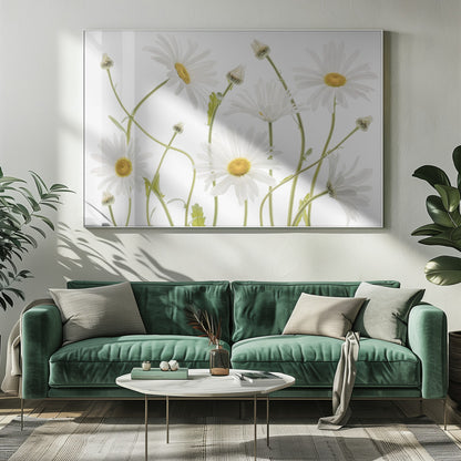 A framed piece of art featuring several white daisies with yellow centers and slender green stems against a clean white background. Some flowers are in full bloom while others are still buds. Wall Art