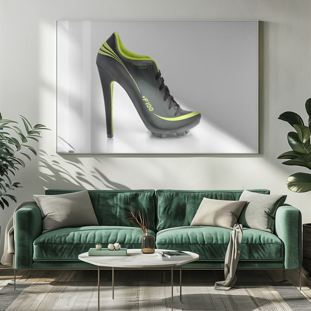 A conceptual piece of digital art featuring a hybrid shoe that is part black soccer cleat and part stiletto high heel. The shoe has neon lime green accents and is displayed against a stark white background inside a silver frame. Decor