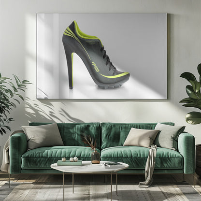 A conceptual piece of digital art featuring a hybrid shoe that is part black soccer cleat and part stiletto high heel. The shoe has neon lime green accents and is displayed against a stark white background inside a silver frame. Decor