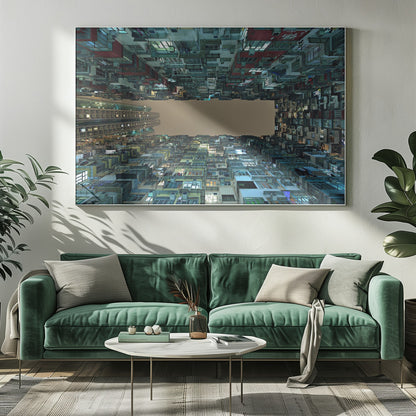 A framed, low-angle photograph looking up from a courtyard at densely packed, colorful apartment buildings that form a rectangle around a blank, overcast sky at night. Print