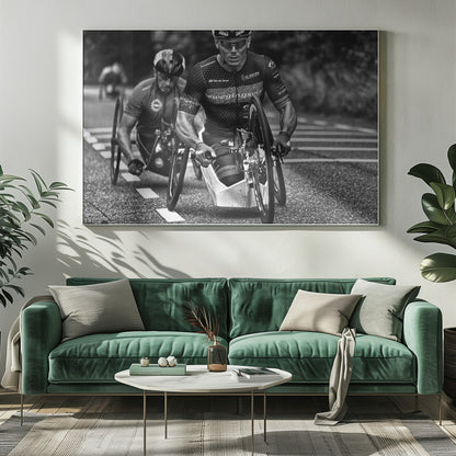 A powerful black and white photograph of two male athletes competing in a wheelchair race. The focused athlete in the foreground shows intense determination on his face, his muscular arms propelling the specialized racing wheelchair forward on an asphalt road. A second racer is visible in the background. Decor