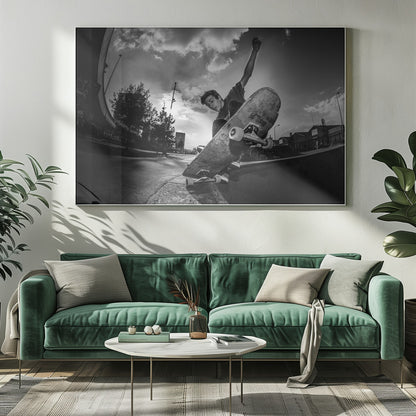 A dynamic, low-angle, black and white photograph of a young man skateboarding. He is balancing on the edge of a ramp with his skateboard angled up towards the viewer. He has one arm raised in the air with a clenched fist. The shot is taken with a fisheye lens, curving the horizon against a dramatic cloudy sky in an urban setting. The image is presented within a silver frame. Decor