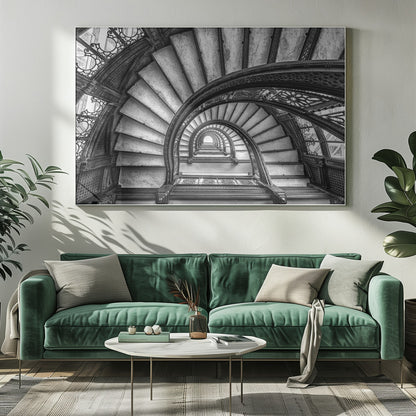 A dramatic black and white photograph looking up from the bottom of an ornate spiral staircase. The dark, intricate ironwork of the railings contrasts with the light stone steps, creating a mesmerizing, repeating pattern that spirals towards a bright light at the top. The image is presented within a silver-colored frame. Decor