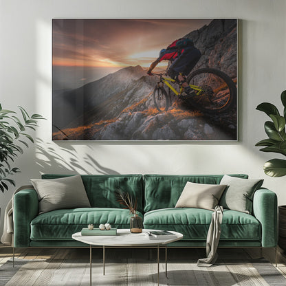 A mountain biker in full gear rides a yellow bike down a narrow, rocky mountain ridge at sunset. The sky is filled with the warm colors of the setting sun, which illuminates the distant mountain peaks. Artwork