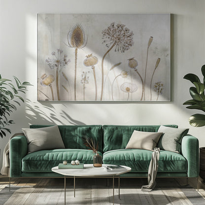 A framed botanical artwork featuring a variety of dried flower heads and seed pods in earthy brown and beige tones. The arrangement, which includes a prominent teasel, poppy pods, and a large allium, is set against a subtle, textured cream background. Print