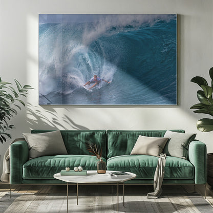 A dramatic action shot of a professional surfer skillfully navigating the inside of a massive, curling blue ocean wave, surrounded by white sea spray, all enclosed in a silver frame. Artwork