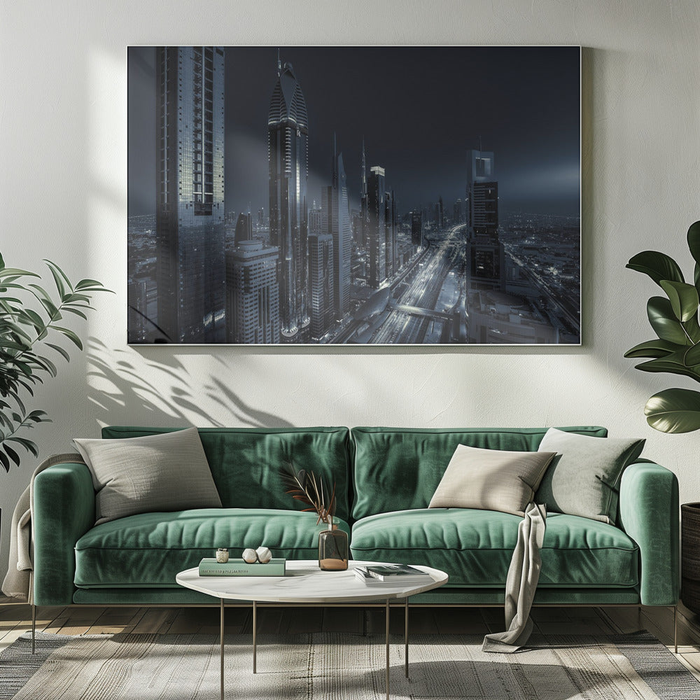 A framed, blue-toned nighttime photograph of a futuristic city skyline from an elevated perspective, featuring illuminated skyscrapers and light trails from traffic on a major highway stretching into the distance. Poster