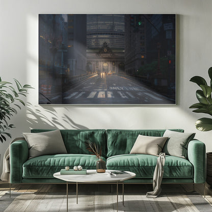 A moody photograph of a wet city street at dusk, leading towards the illuminated facade of Grand Central Terminal in New York City, which is framed by tall, modern skyscrapers. Decor