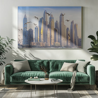 A framed artwork of the Dubai city skyline, featuring modern skyscrapers bathed in the golden light of sunset. A flock of seagulls flies in the foreground above the water, where several yachts are docked. Artwork
