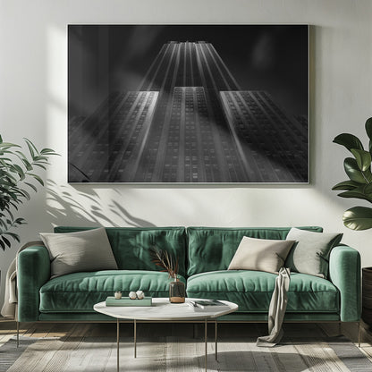 A dramatic, low-angle black and white photograph of the Empire State Building at night. The perspective looks up from the base, emphasizing the skyscraper's height and Art Deco details. Spotlights highlight the vertical lines of the building against a dark, moody sky, all enclosed in a silver frame. Poster
