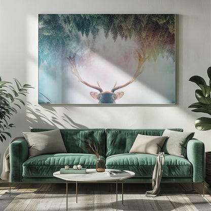 A surreal double-exposure artwork featuring the back of a deer's head with large antlers, blended with an image of a misty pine forest. The forest is reflected above the antlers against a soft, pastel-colored background, all enclosed in a silver frame. Print