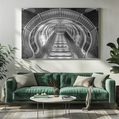 A symmetrical, low-angle black and white photograph of a futuristic escalator or grand staircase. The structure features illuminated, repeating curved arches on both sides, creating a tunnel-like perspective leading upwards. The image is presented within a silver-colored frame. Artwork