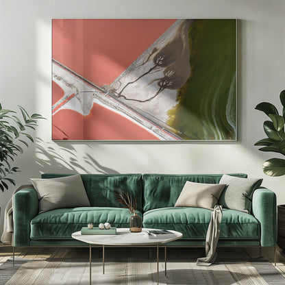 An abstract aerial photograph in a silver frame, showing a stark landscape divided into sections of coral-red water, green water, and a white salt flat with dark, tree-like river patterns. Print
