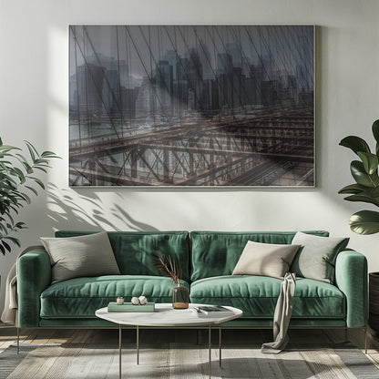 A framed, stylized photograph showing a double exposure of the New York City skyline and the intricate steel structure and cables of the Brooklyn Bridge, creating a dense, layered urban scene with a cool, moody color palette. Decor