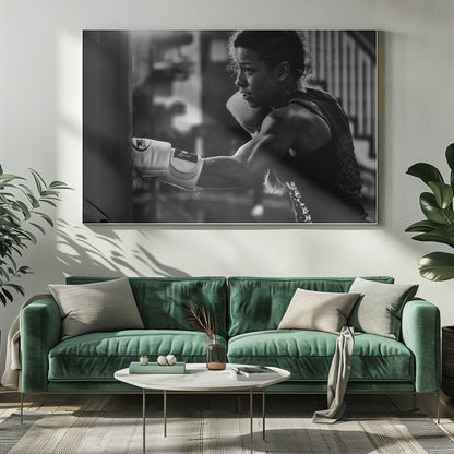 A dramatic black and white photo of a muscular female boxer in profile, intensely focused as she punches a heavy bag, set within a silver frame. Print