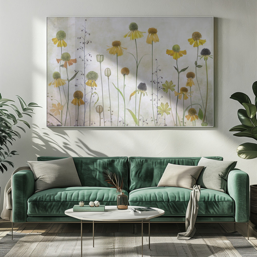 A collection of pressed wildflowers, primarily yellow and orange coneflowers with green and brown centers, arranged vertically against a textured, off-white background within a silver frame. Print