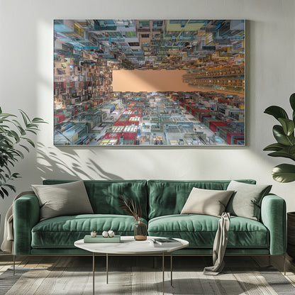 An upward-looking photograph from a courtyard surrounded by densely packed, multi-colored apartment buildings that create a rectangular frame around an orange sky. The unique perspective creates a surreal and geometric view of an urban landscape, all enclosed in a silver frame. Artwork