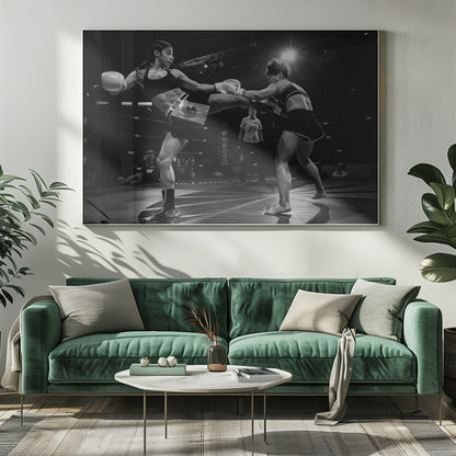 A dramatic black and white action photograph of two female kickboxers in a ring. One fighter, airborne, executes a high kick that connects with the other fighter's gloves, who is bracing for the impact. A referee stands in the background under bright arena lights. Poster
