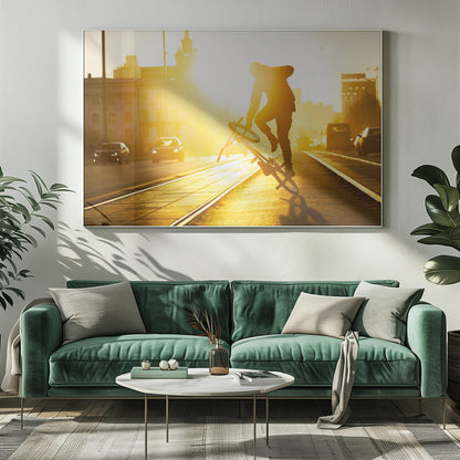 A silhouetted BMX rider performs a trick on a city street during a brilliant golden sunset, with the sun flaring behind them and casting long shadows on the tram tracks. Decor