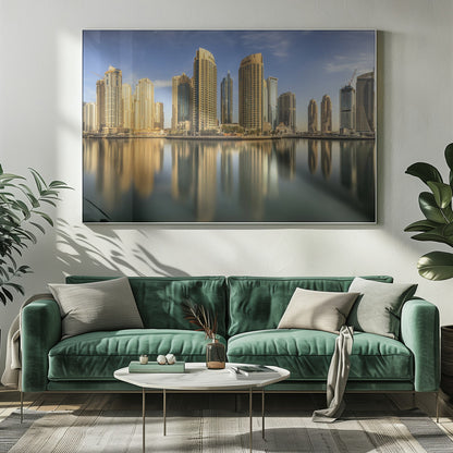 A panoramic photograph of the Dubai Marina skyline with its golden skyscrapers reflecting in the calm, dark water below, all under a clear blue sky and framed in silver. Wall Art