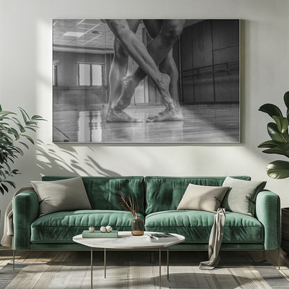 A dramatic low-angle, black and white photograph capturing the muscular legs and bare feet of two dancers intertwined in a dance studio. Their limbs cross in a display of strength and grace on a reflective wooden floor, with the studio's mirrored wall and barre visible in the background. The image is enclosed in a silver-grey frame. Decor
