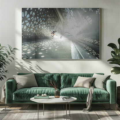 A skateboarder is captured mid-air performing a trick inside a futuristic, metallic tunnel with patterned cutouts that cast dappled light and shadows across the scene, all enclosed within a silver frame. Artwork