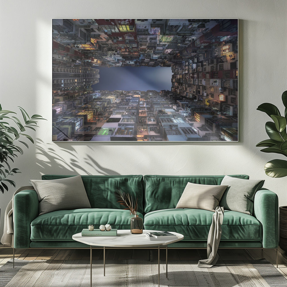A striking low-angle photograph looking up from a narrow courtyard at the night sky, completely framed by towering, densely packed, and weathered apartment buildings with glowing windows, creating a sense of urban enclosure. Decor