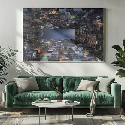 A striking low-angle photograph looking up from a narrow courtyard at the night sky, completely framed by towering, densely packed, and weathered apartment buildings with glowing windows, creating a sense of urban enclosure. Decor