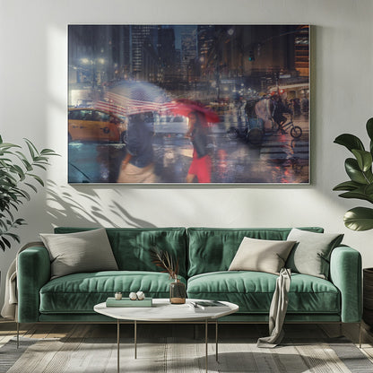 An artistic motion-blur photograph of a rainy night on East 42nd Street in New York City. Pedestrians with umbrellas, one with an American flag design and another bright red, cross the wet street as city lights and a yellow taxi reflect on the pavement, creating a vibrant, impressionistic scene within a silver frame. Decor