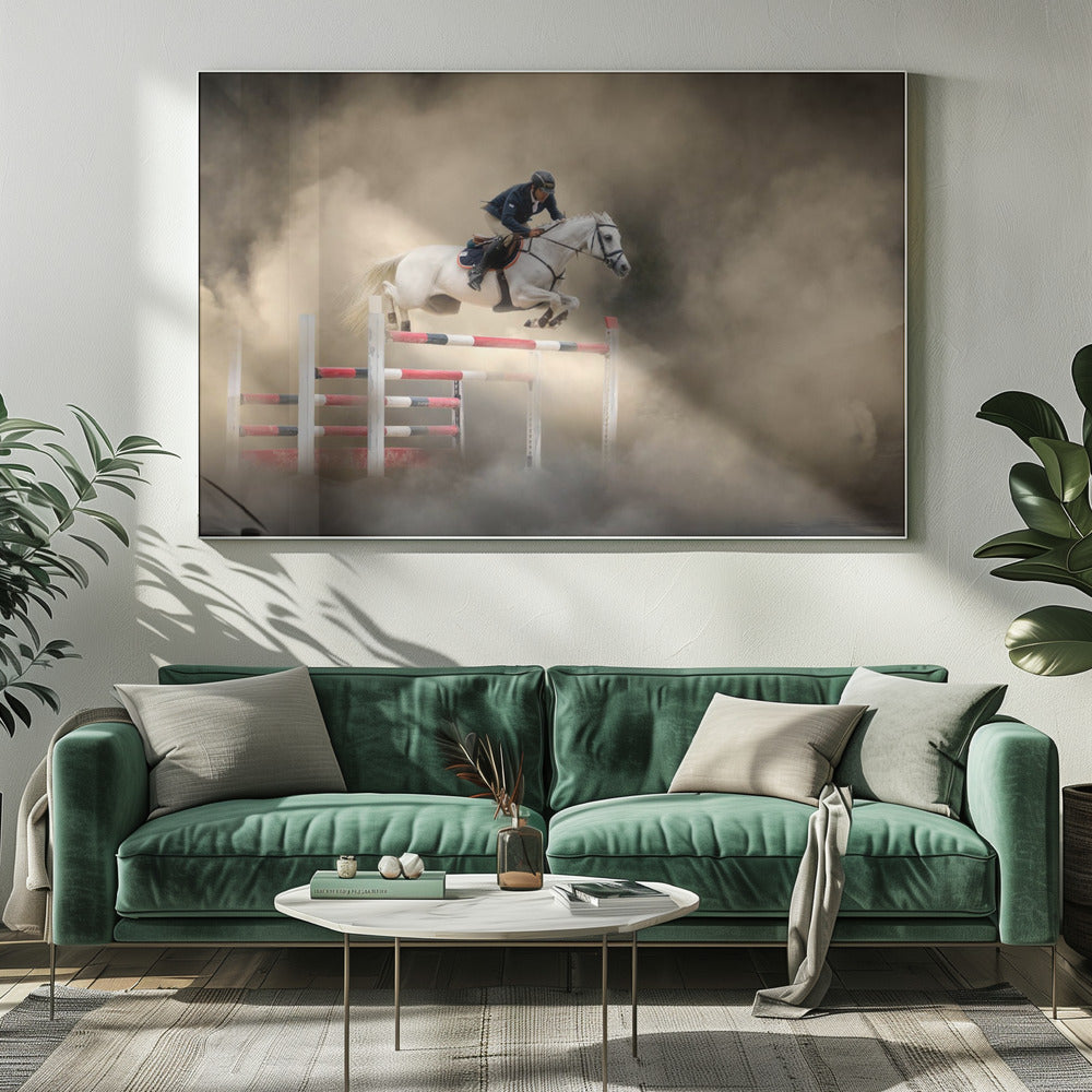 A dramatic action shot of a person in a blue jacket and helmet riding a powerful white horse as it leaps over a red and white striped obstacle, all enveloped in a swirling cloud of brown dust. Print