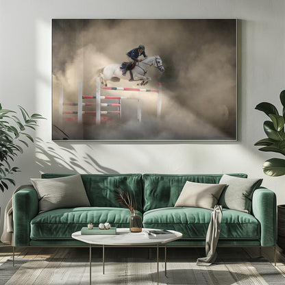 A dramatic action shot of a person in a blue jacket and helmet riding a powerful white horse as it leaps over a red and white striped obstacle, all enveloped in a swirling cloud of brown dust. Print