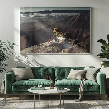 A mountain biker in a yellow helmet and jersey navigates a treacherous, rocky mountain ridge. Below, a vast valley is filled with a sea of clouds, with distant mountain ranges visible on the horizon. Print