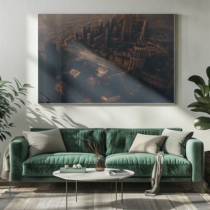 An aerial view of a sprawling modern city at dusk, with the warm glow of sunset casting long shadows over skyscrapers and illuminating a complex network of highways. The photograph has a warm, sepia-like tone and is presented within a silver-colored frame. Decor