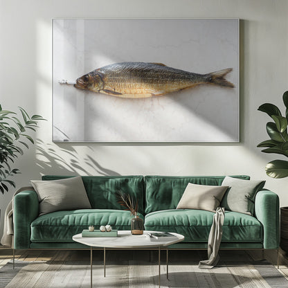 A surreal photograph of a whole smoked fish with a cigarette butt in its mouth, laying horizontally on a white marble surface, all within a silver frame. Wall Art