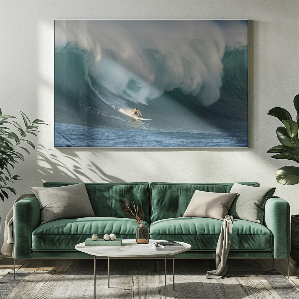 A lone surfer in a yellow shirt rides down the face of an enormous, powerful ocean wave as it crests into white foam, viewed within a silver picture frame. Wall Art