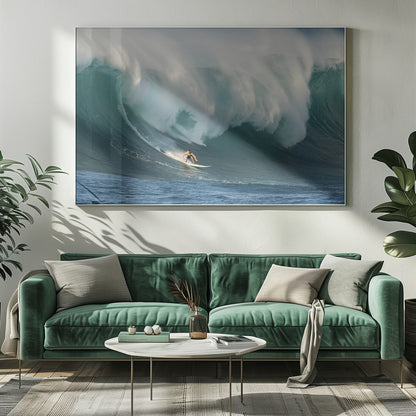 A lone surfer in a yellow shirt rides down the face of an enormous, powerful ocean wave as it crests into white foam, viewed within a silver picture frame. Wall Art
