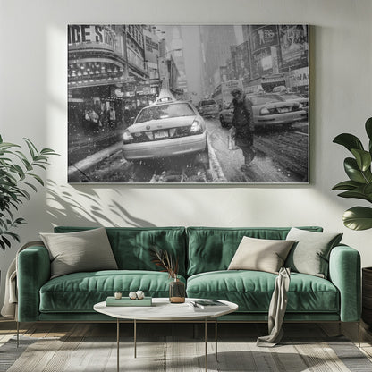 A black and white photograph of a bustling New York City street during a snowstorm. A person in a heavy winter coat crosses the street in front of a line of yellow cabs, with the bright lights of Times Square billboards glowing softly in the background through the falling snow. Print