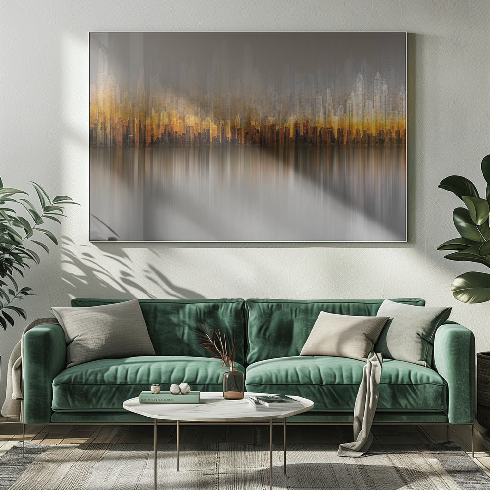 An abstract painting of a city skyline at sunset or sunrise, with buildings glowing in shades of gold, orange, and brown. The hazy, gray sky shows faint outlines of taller buildings in the background. The city is reflected in the water below, with the colors stretched into long, vertical streaks that blend into the gray foreground. The entire piece is enclosed in a simple silver frame. Wall Art